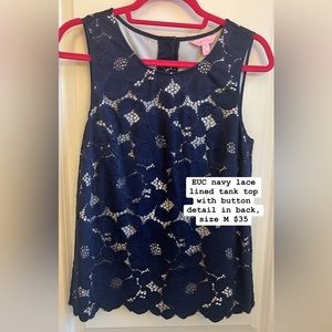 Lilly Pulitzer navy lace tank with gold button detail on back, EUC size M 🌴💕